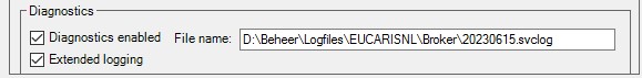 Broker Diagnostics settings with Diagnostics enabled and Extended logging checked and a log file name ending in .svclog.