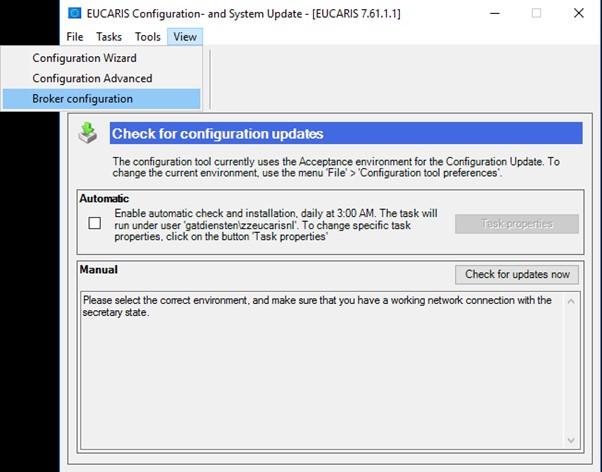EUCARIS Configuration and System Update tool with the View menu open and Broker configuration selected.