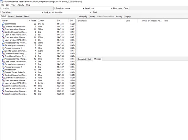 Microsoft Service Trace Viewer with a Broker .svclog file open, listing activities such as Construct ServiceHost, Open ServiceHost, Process action and Receive bytes.