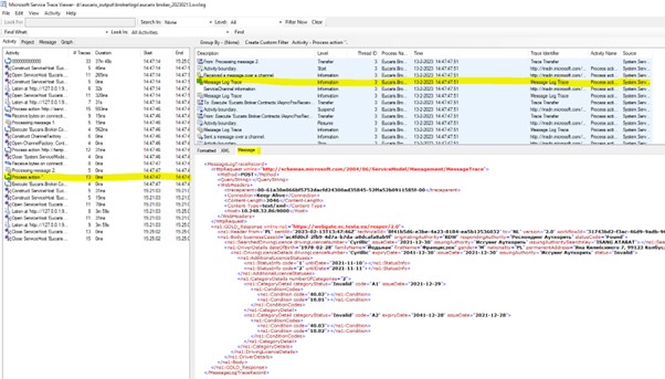 Microsoft Service Trace Viewer with a Process action activity selected and the Message tab showing the XML of the exchanged message.